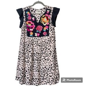 Savanna Jane Dress Womens M Leopard Floral Embroidery Cap Sleeves Lined GORG!